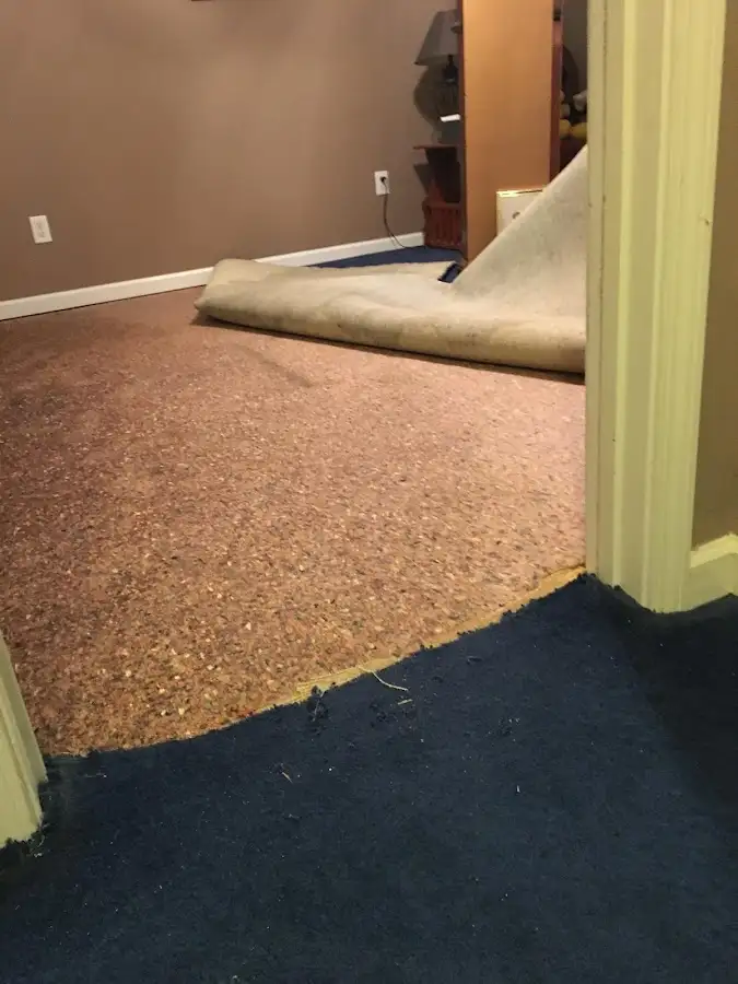 Carpet pad removal revealing water damage during Drying & Dehumidification in Kings Grant